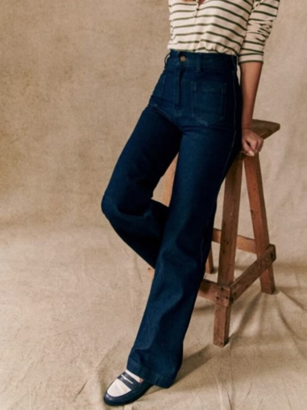 Sezane Eric Trouser FR 38 US 6 Dark Wash Patch Pockets High Waist Organic Cotton